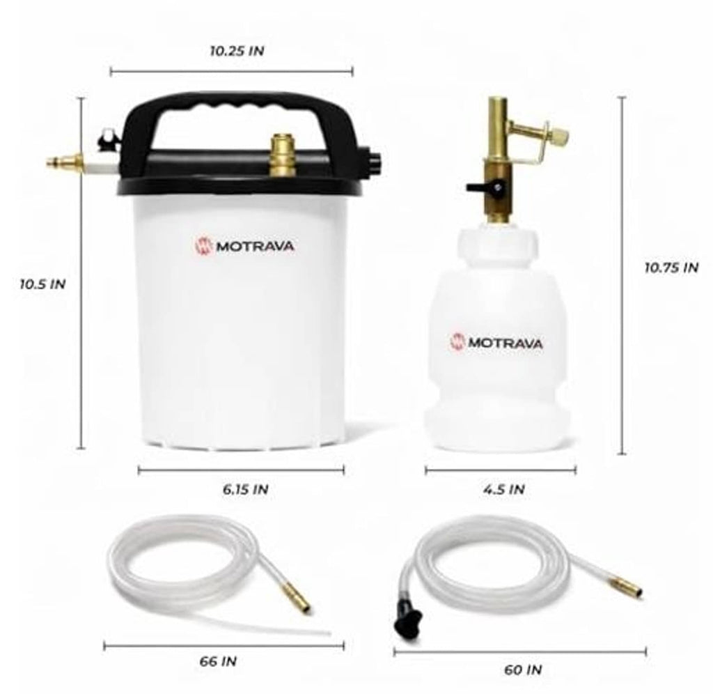Vacuum brake bleeder kit with labeled dimensions and included hoses