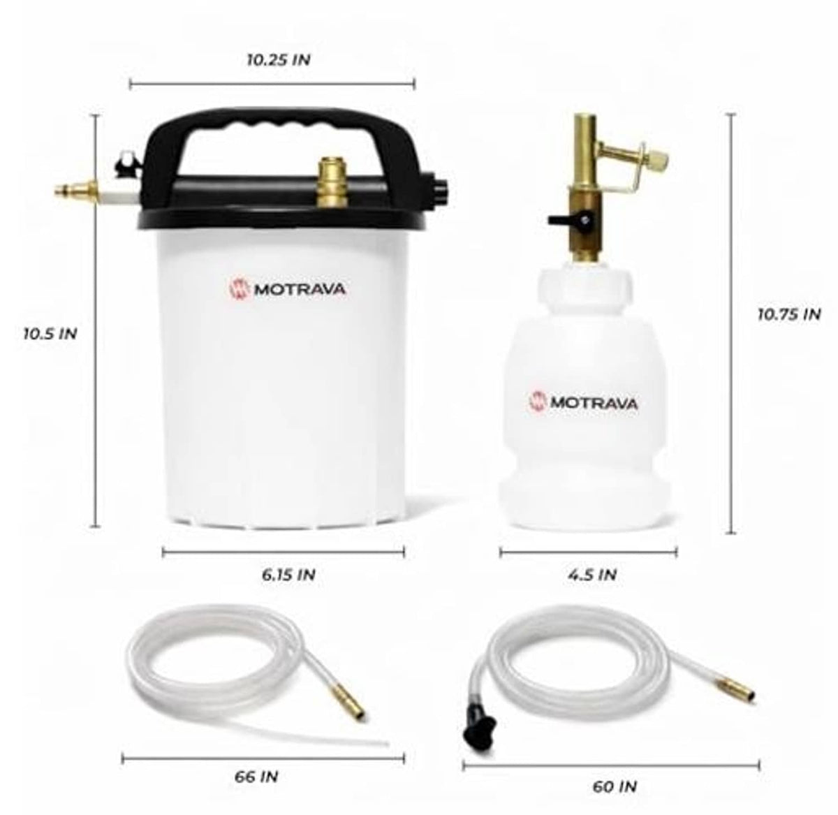 Vacuum brake bleeder kit with labeled dimensions and included hoses