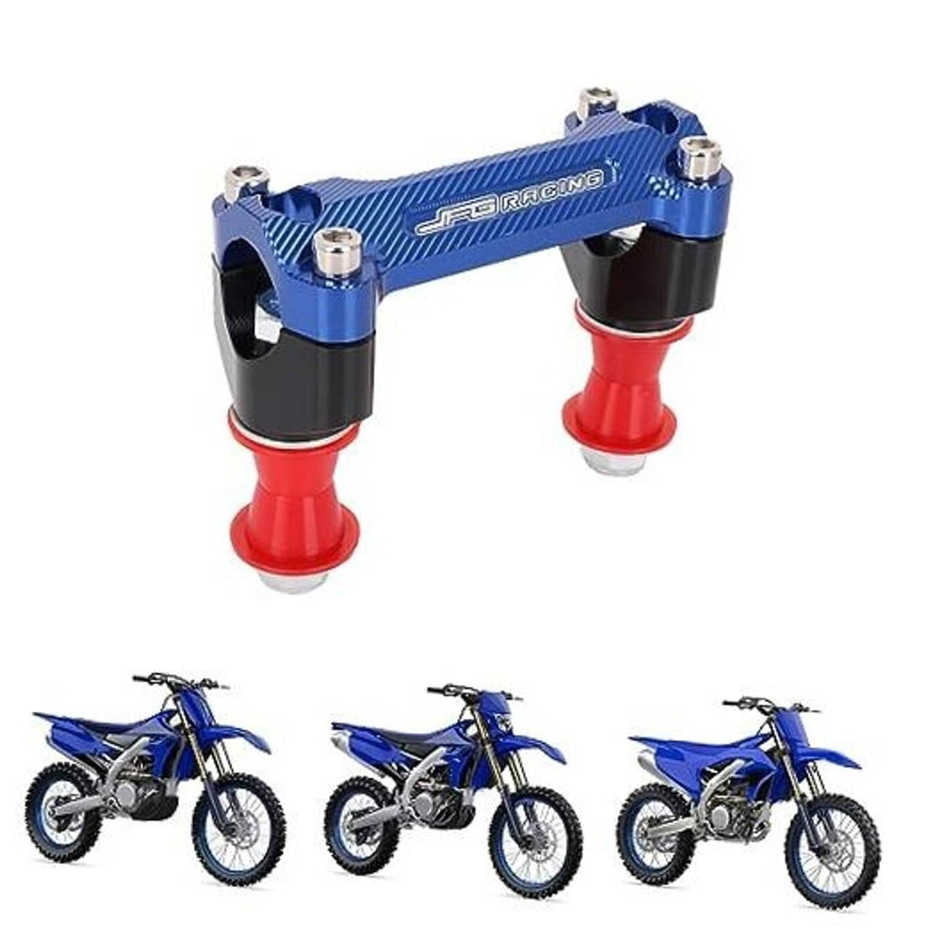 Blue CNC motorcycle handlebar riser clamps with red spacers and silver mounting bolts