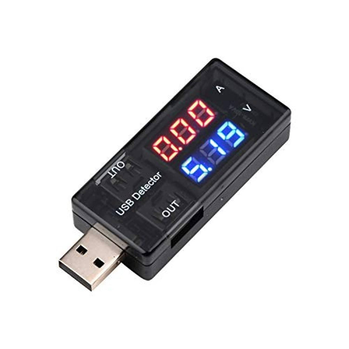 USB detector meter showing red A reading and blue V reading on LED screen