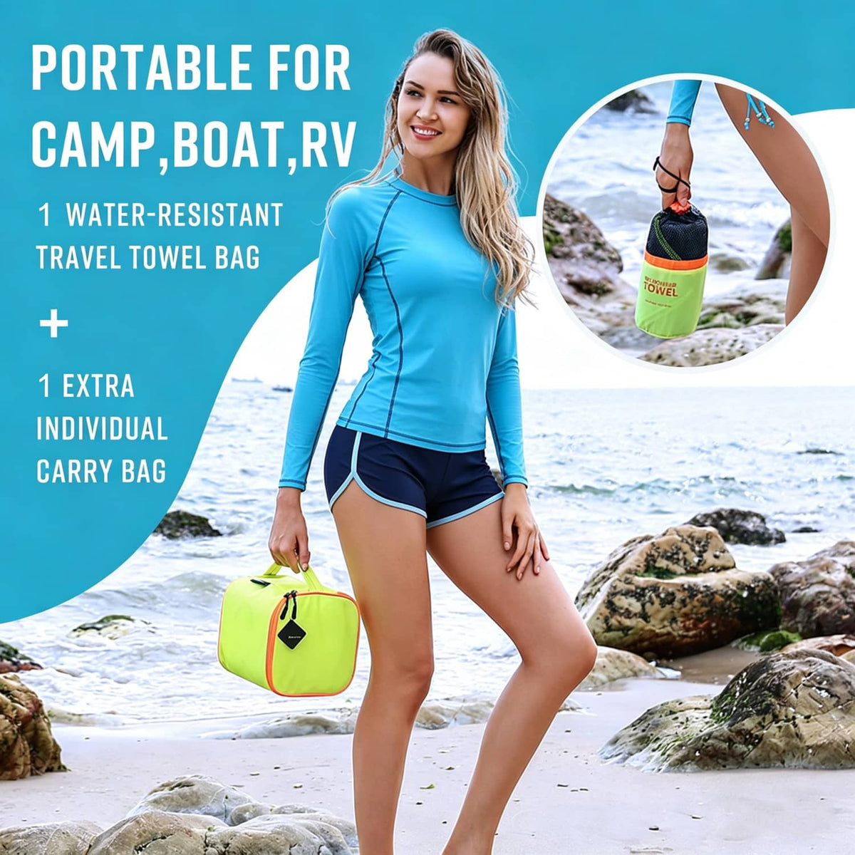 Folded dark navy microfiber towel set with lime zip carry bag