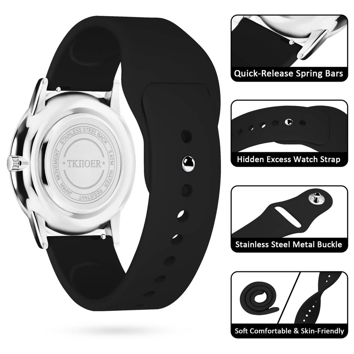Waterproof nurse watch with silver case and black silicone strap, stainless steel buckle