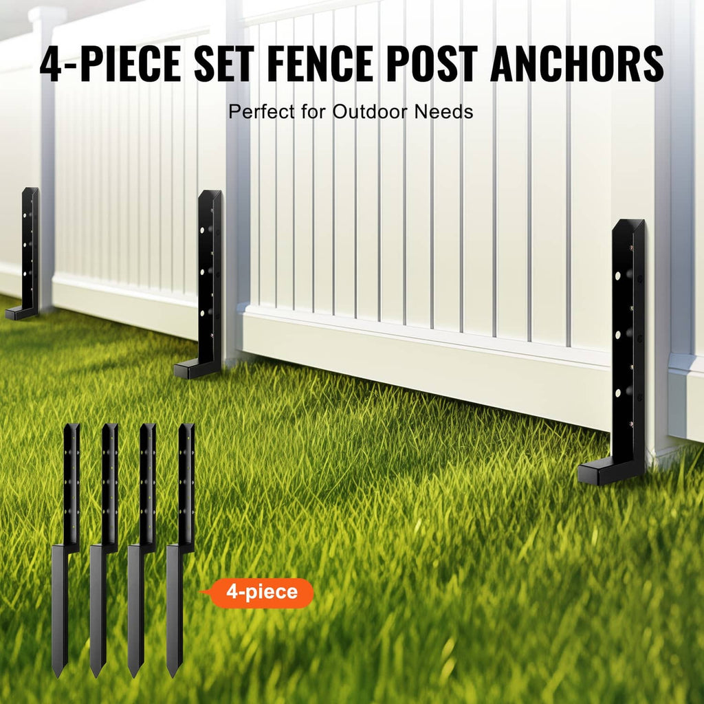4-piece set of black steel fence post anchors with spikes for outdoor fence panels