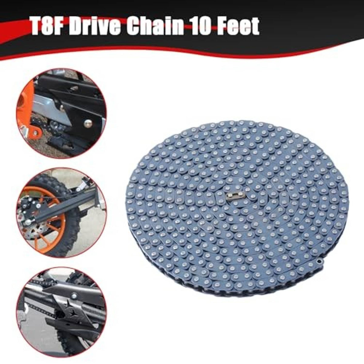 Blue roller drive chain coil with fitment side-view insets