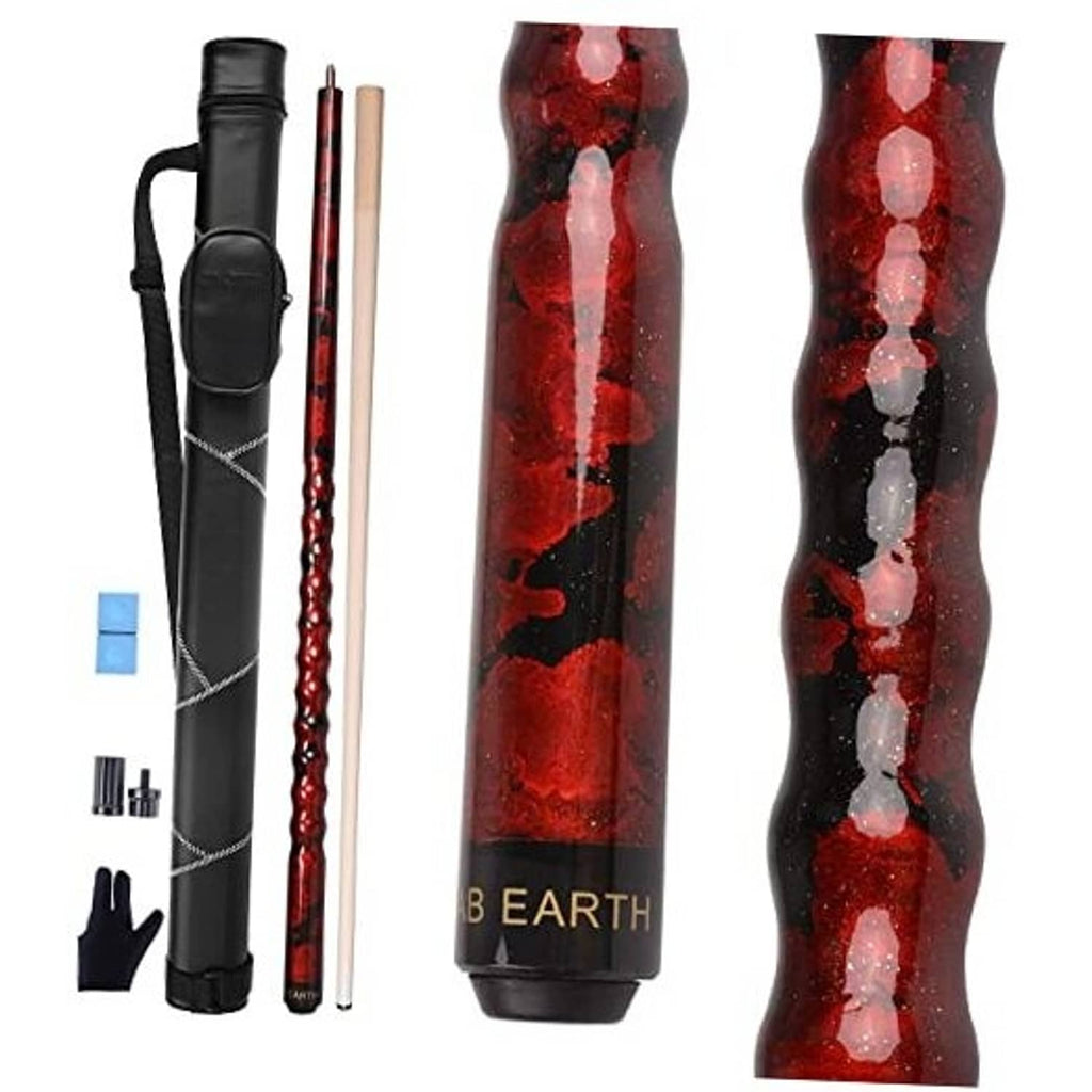 Pool cue stick kit with hard case and red-and-black patterned cue shaft.