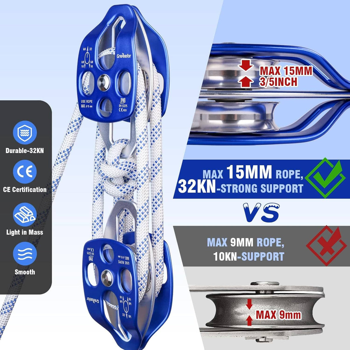 Blue double block and tackle pulley system with braided rope and reinforced metal frame