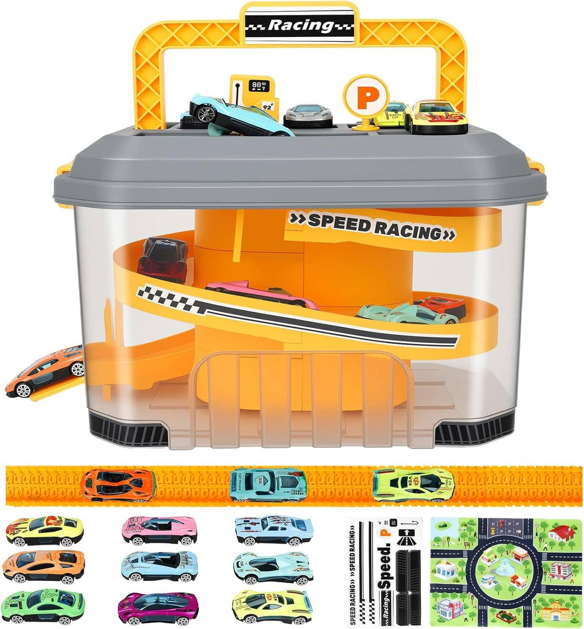 Toy car track storage playset with lidded bin, orange track and racing cars