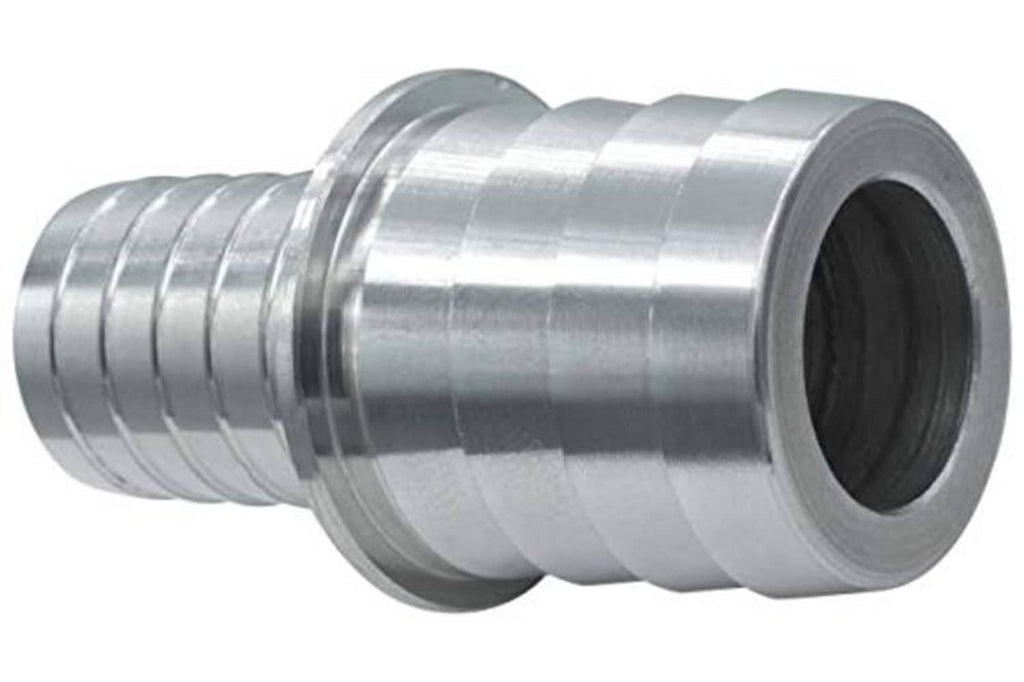 Metal hose barb splice coupler with side view, ribbed texture, and dark inner opening