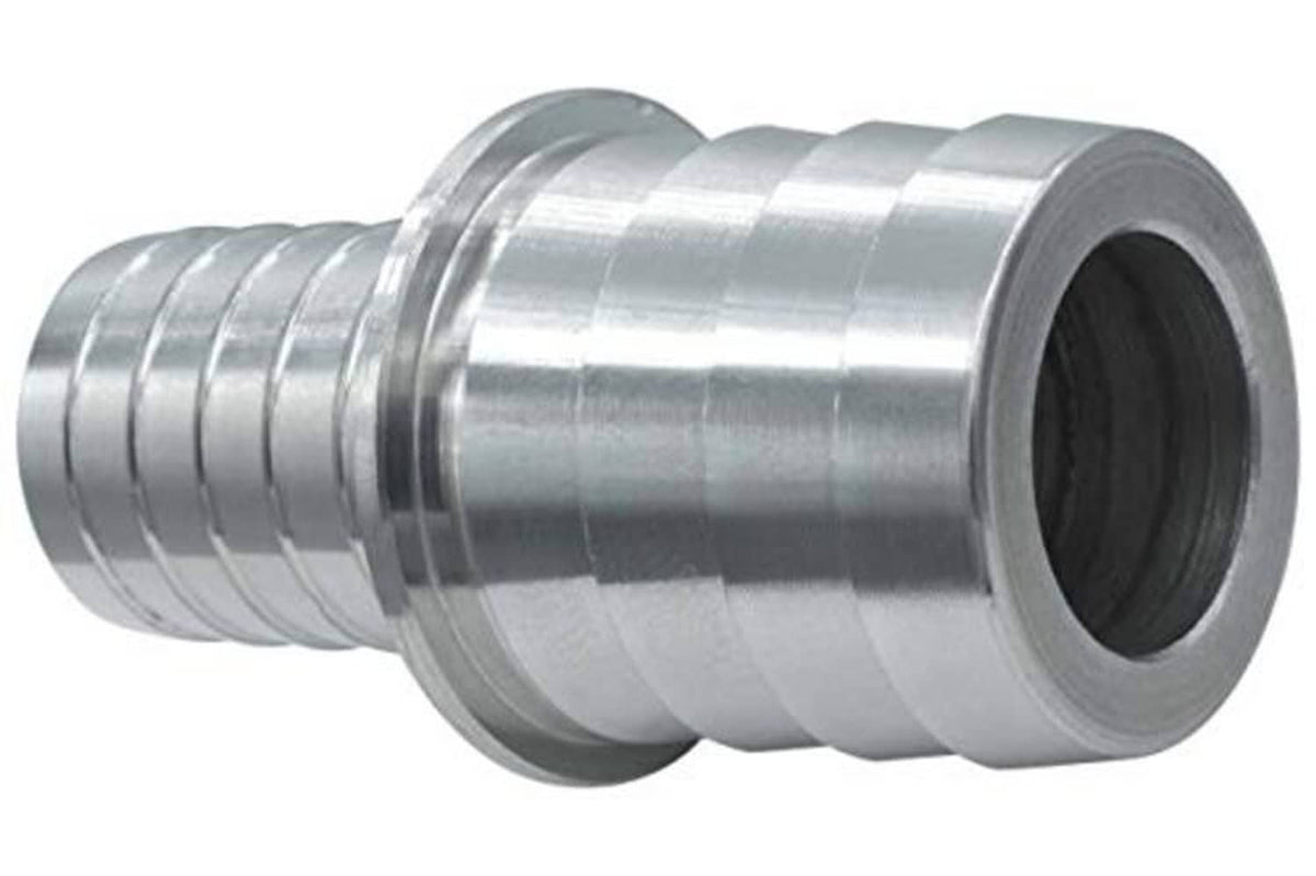 Metal hose barb splice coupler with side view, ribbed texture, and dark inner opening