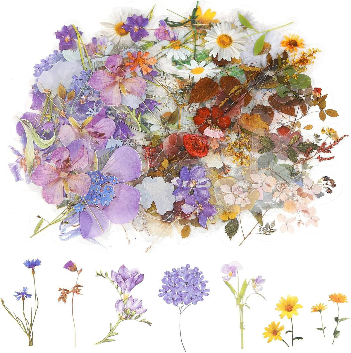 Floral flower stickers sheet with purple, yellow, and orange blooms in layered designs