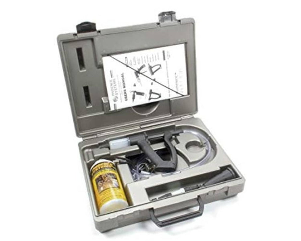 Brake and clutch bleeder kit case open with yellow cylinder, tubing, and pressure gauge