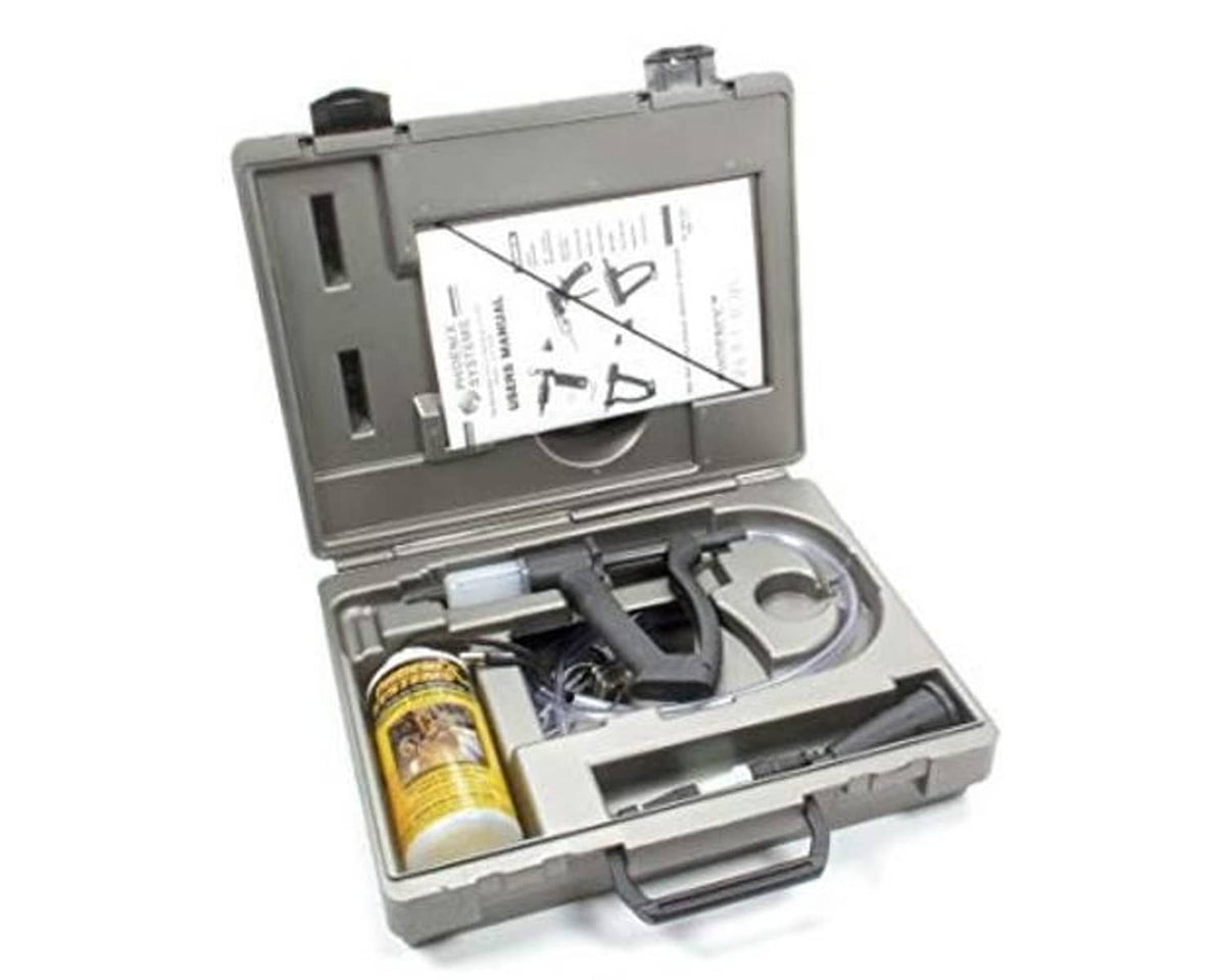 Brake and clutch bleeder kit case open with yellow cylinder, tubing, and pressure gauge