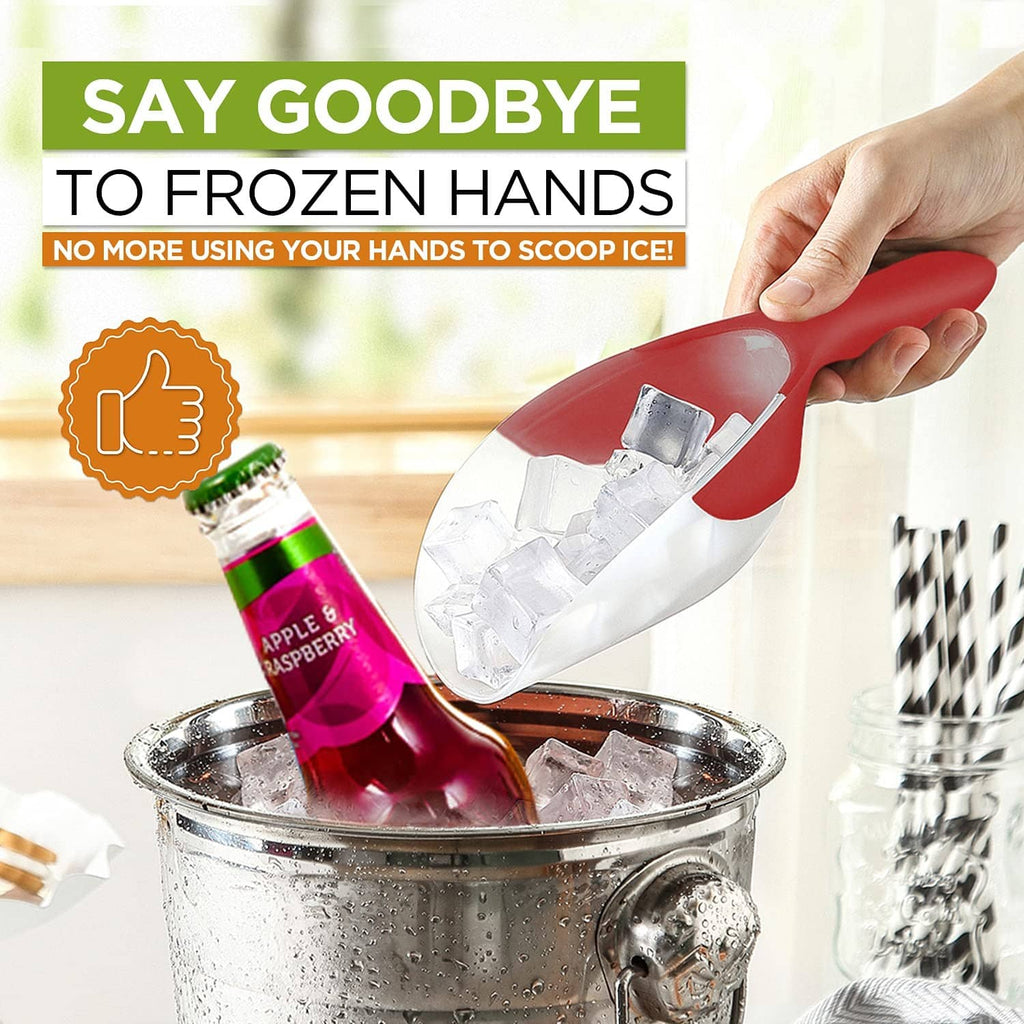 Red ice scoop with white bowl lifting ice cubes from a metal container