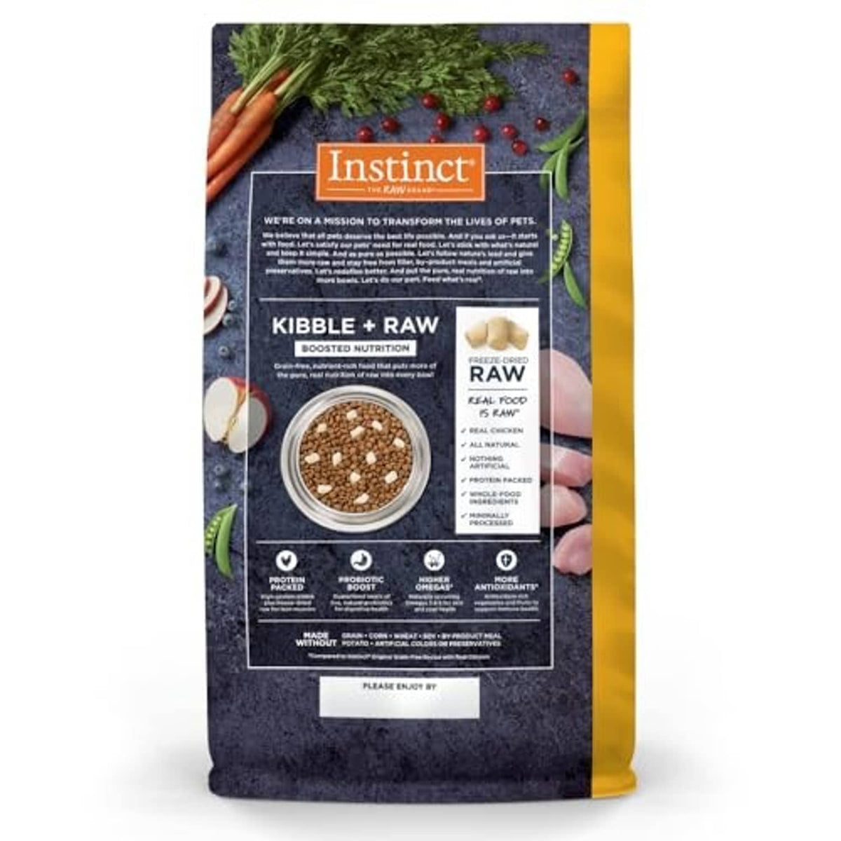 Back of grain-free dry cat food bag with kibble + raw nutrition details