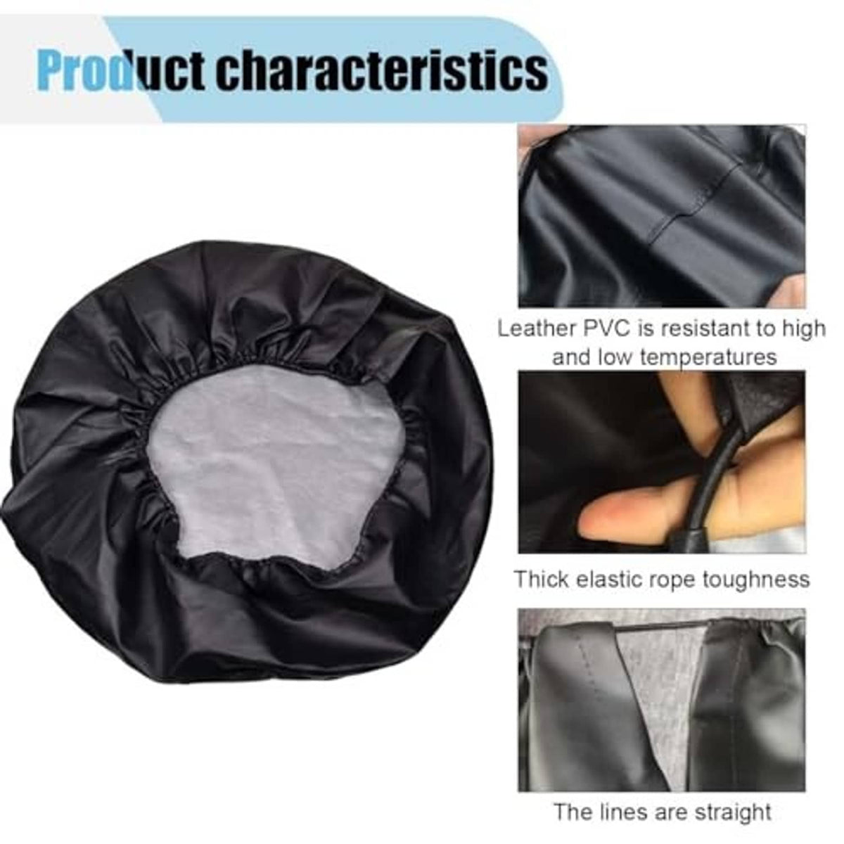 Black spare tire cover with elastic rope edge and inner fabric patch