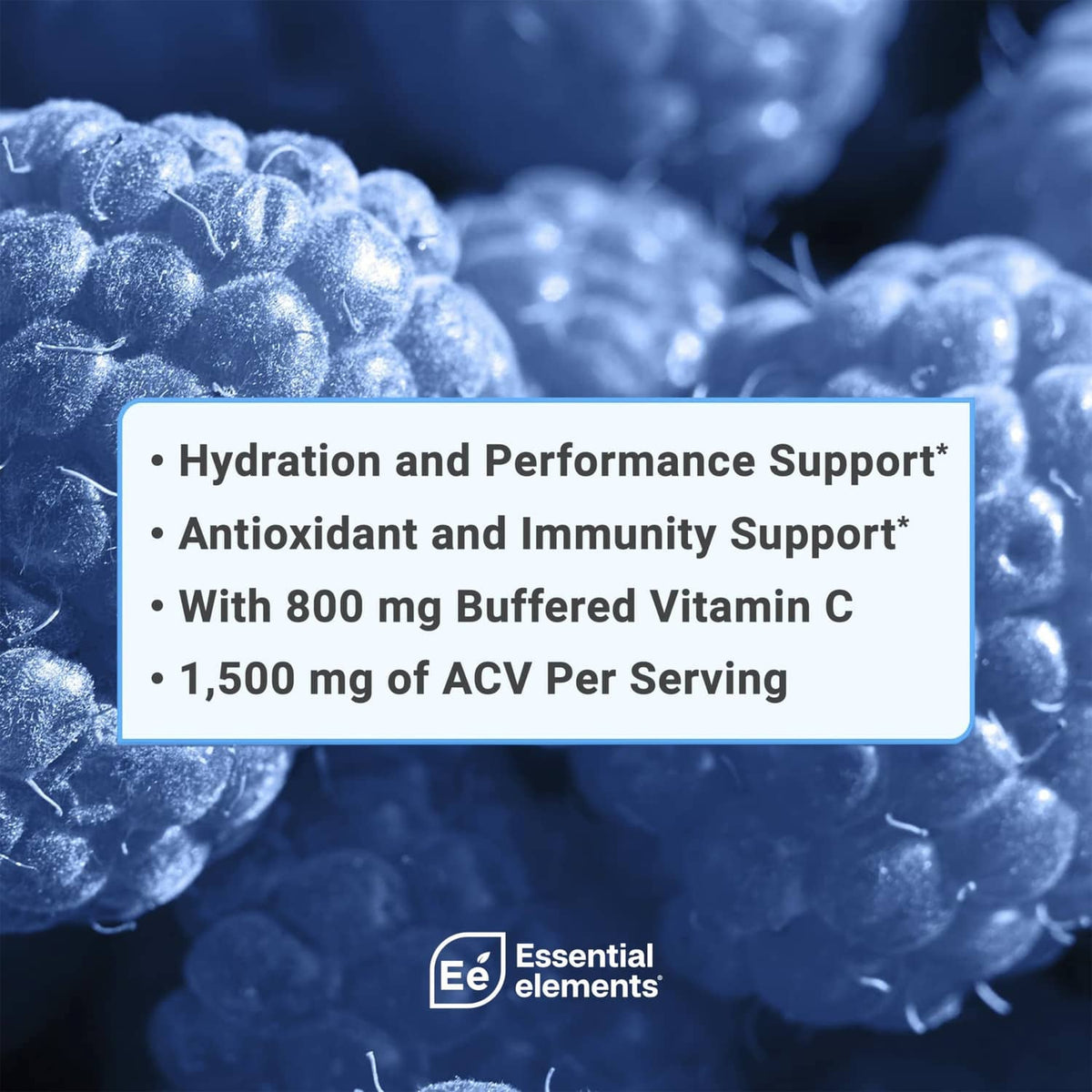 Hydration electrolyte mix benefits panel listing performance support and buffered vitamin C.
