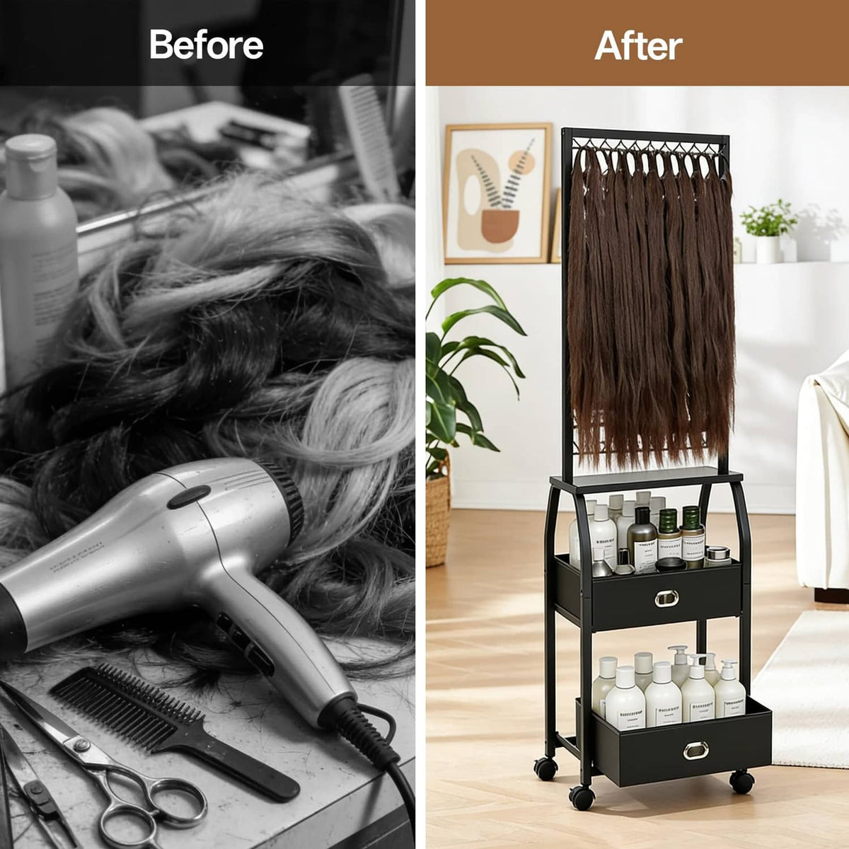 Black braiding hair rack with wheeled stand, drawers, and hanging hair display