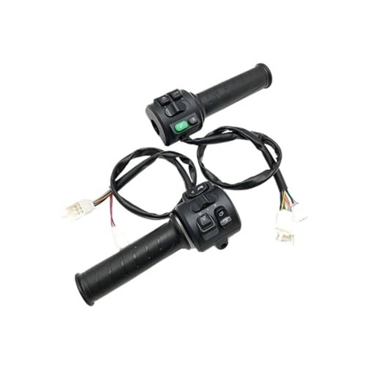 Black handlebar switch set with two thumb controllers and wired connector leads
