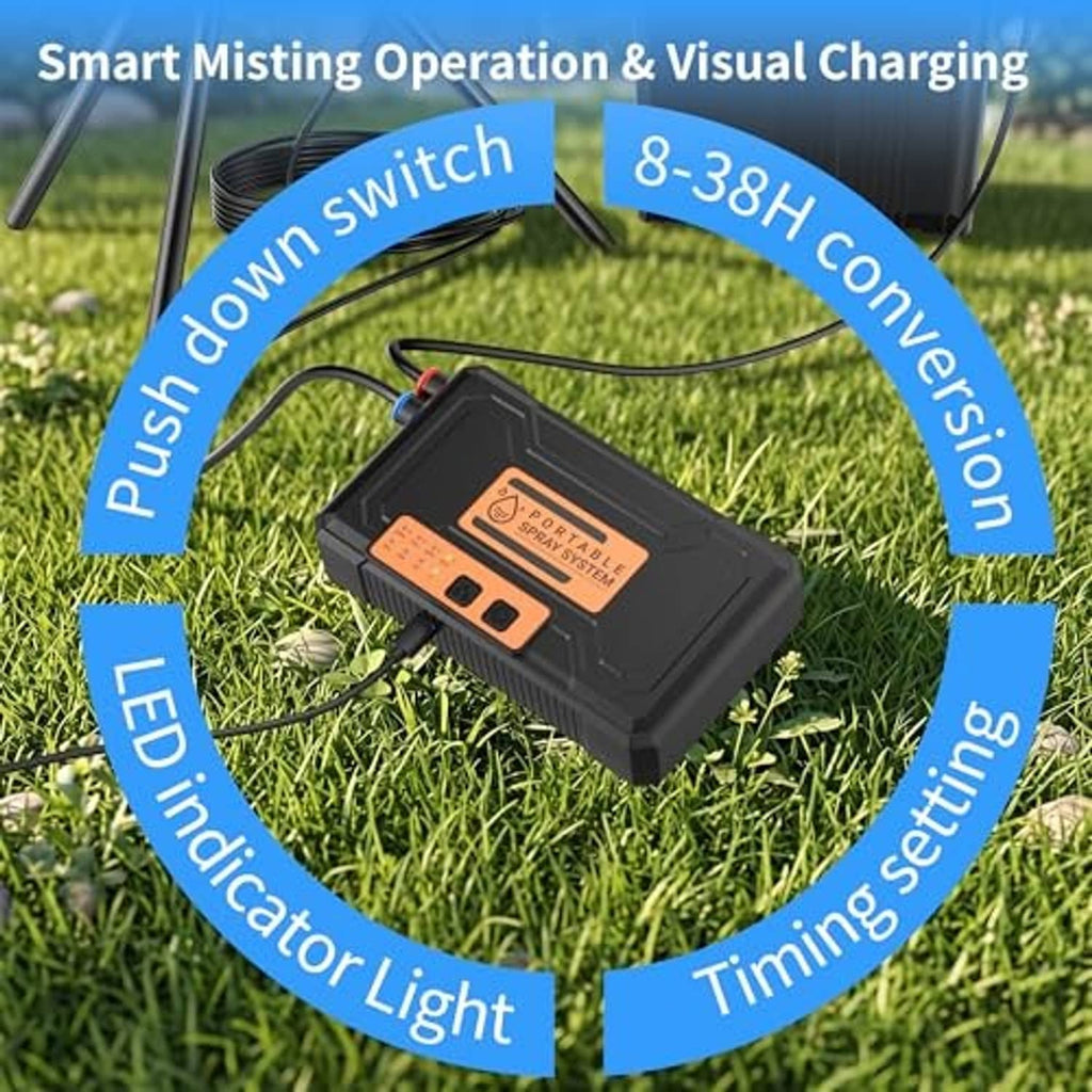 Black mist system power adapter/controller with orange display on outdoor grass