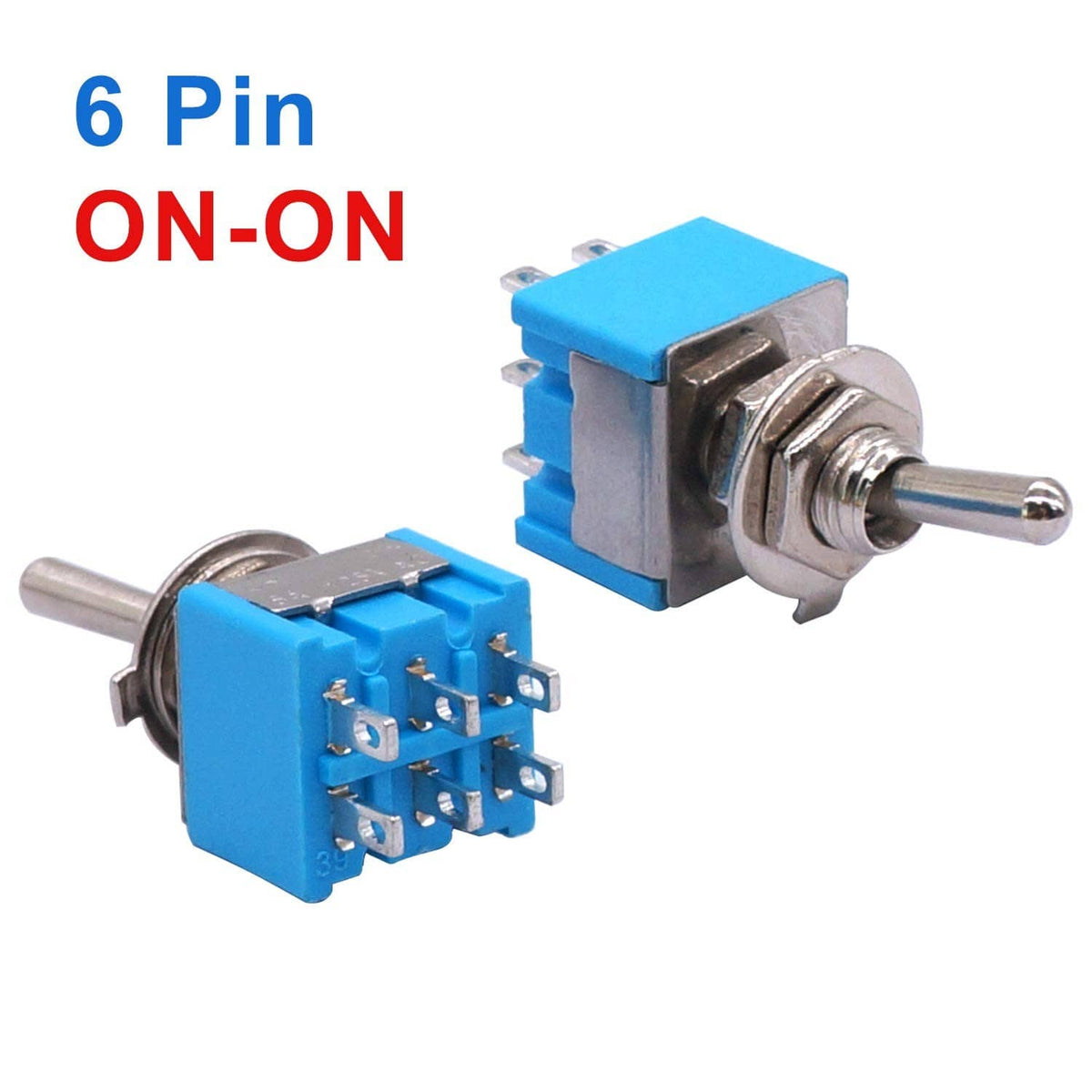 Mini DPDT toggle switch with 6-pin ON-ON layout, blue housing, metal lever