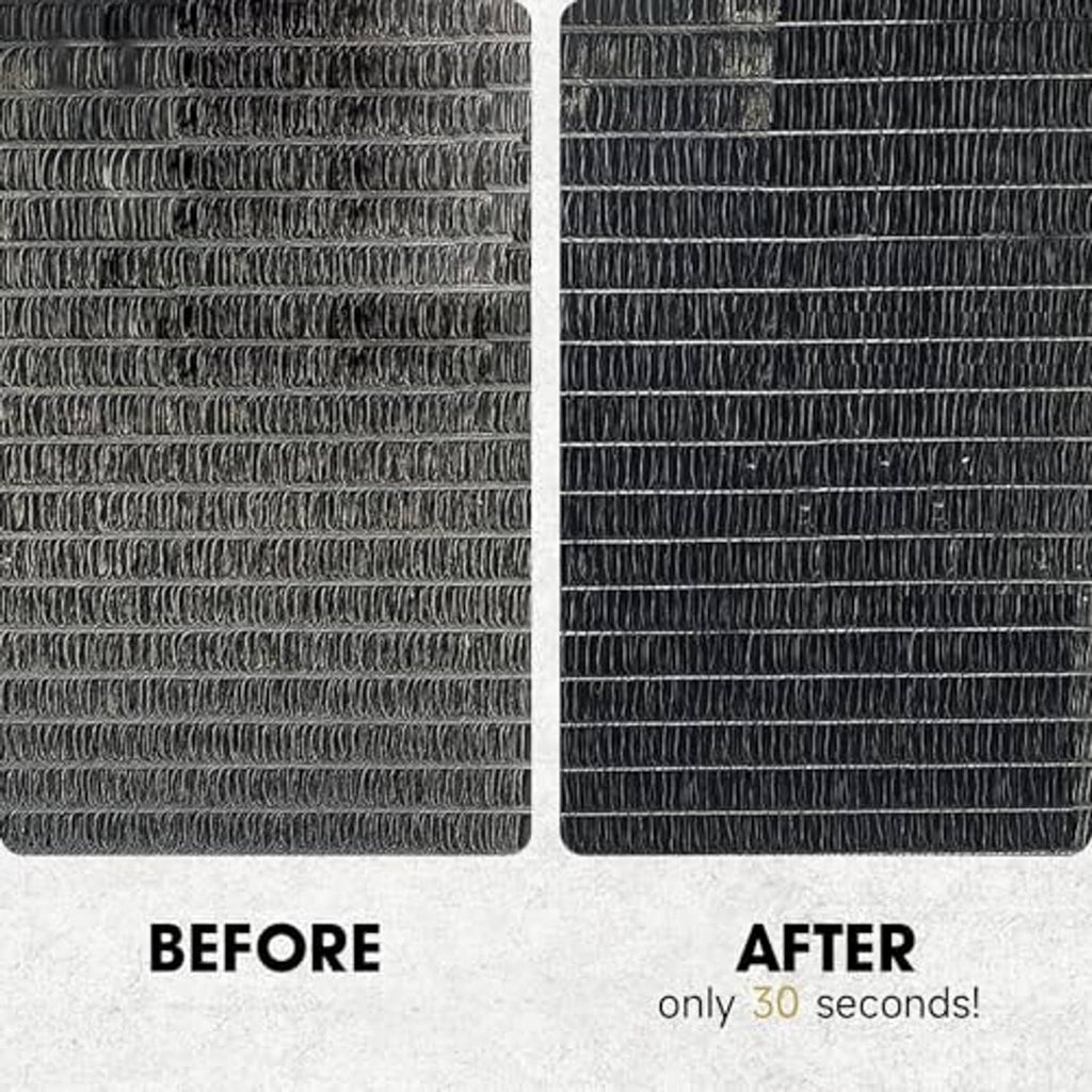 Two close-ups of radiator fins showing before-and-after cleaning on dark metal
