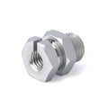 Metal finger throttle adapter fitting with external threads and hex nut, silver
