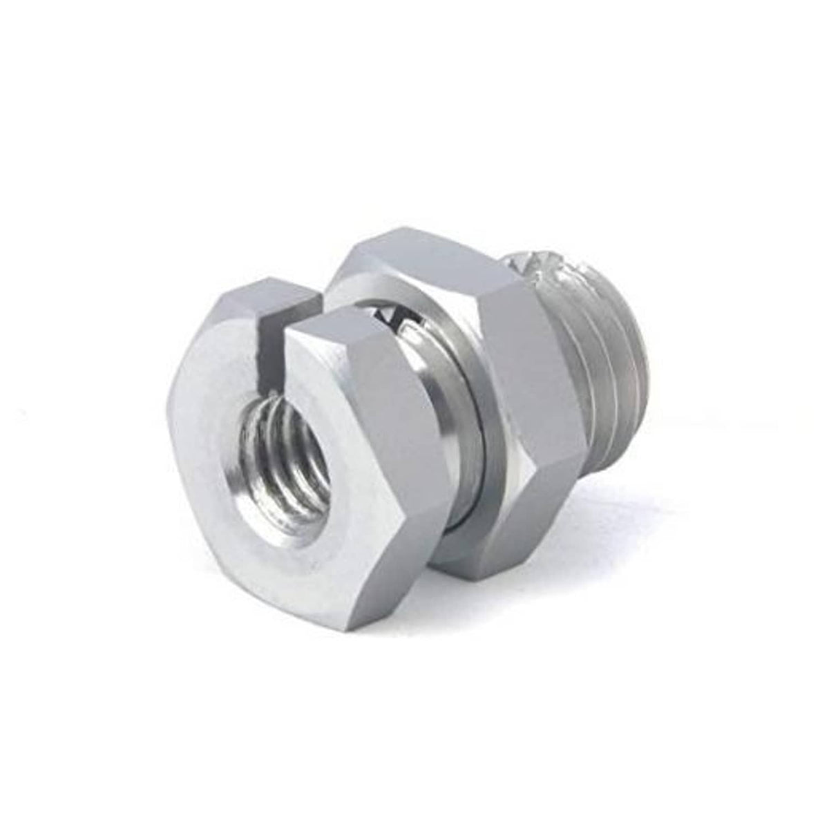 Metal finger throttle adapter fitting with external threads and hex nut, silver