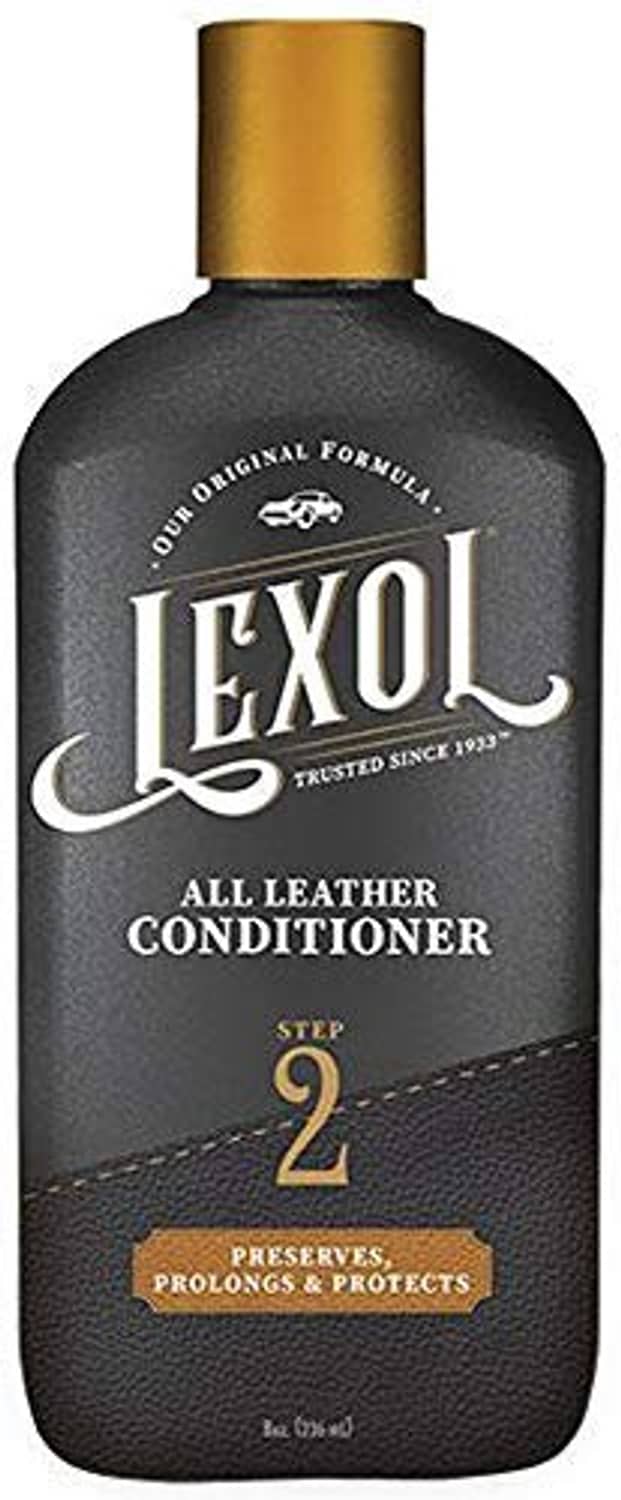 Lexol all-leather conditioner bottle, Step 2, protects and preserves leather.