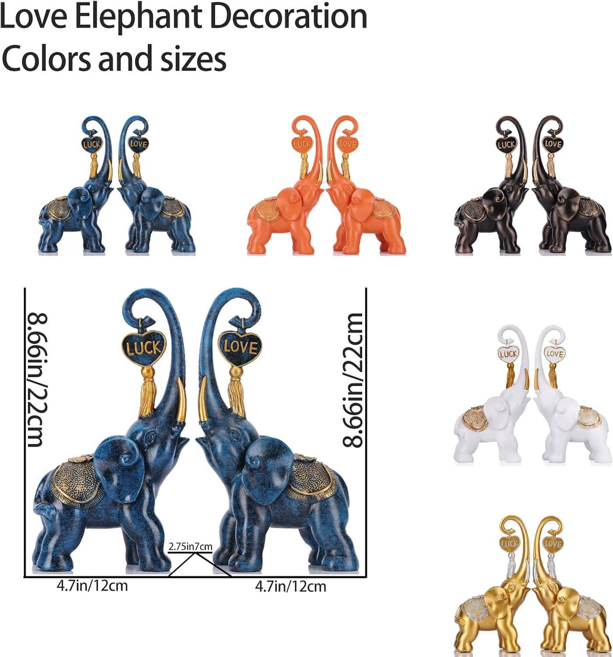 Two blue elephant decoration statues with “LUCK” and “LOVE” plaques, shown with sizes