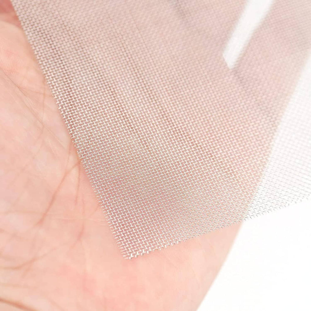Light gray wire mesh reinforcing sheet, close-up fine grid texture in hand