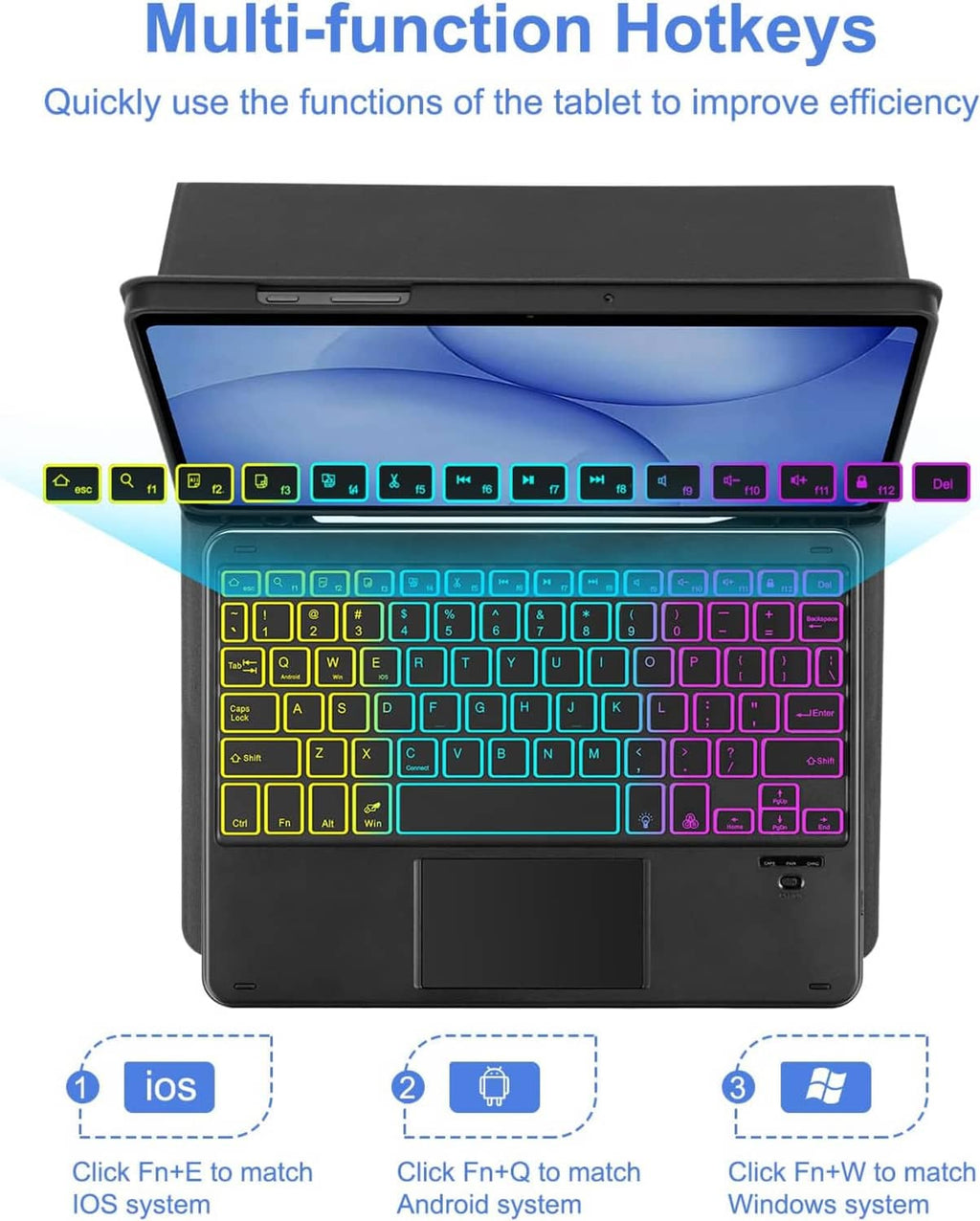 Keyboard case with touchpad and rainbow backlit keys, multi-function hotkeys