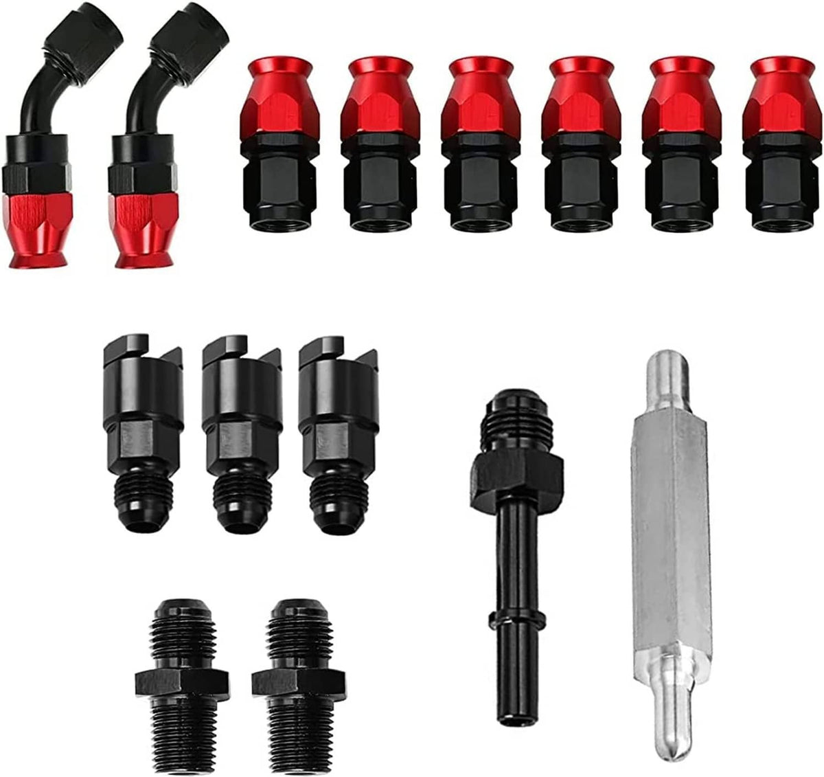 Fuel hose end fittings and adapters set with red and black couplers, plus rods