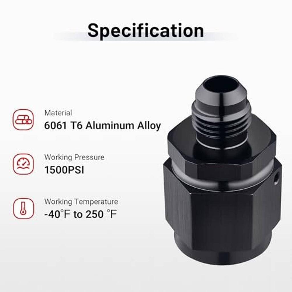 Black aluminum flare adapter fitting with hex surfaces and tapered threaded ends