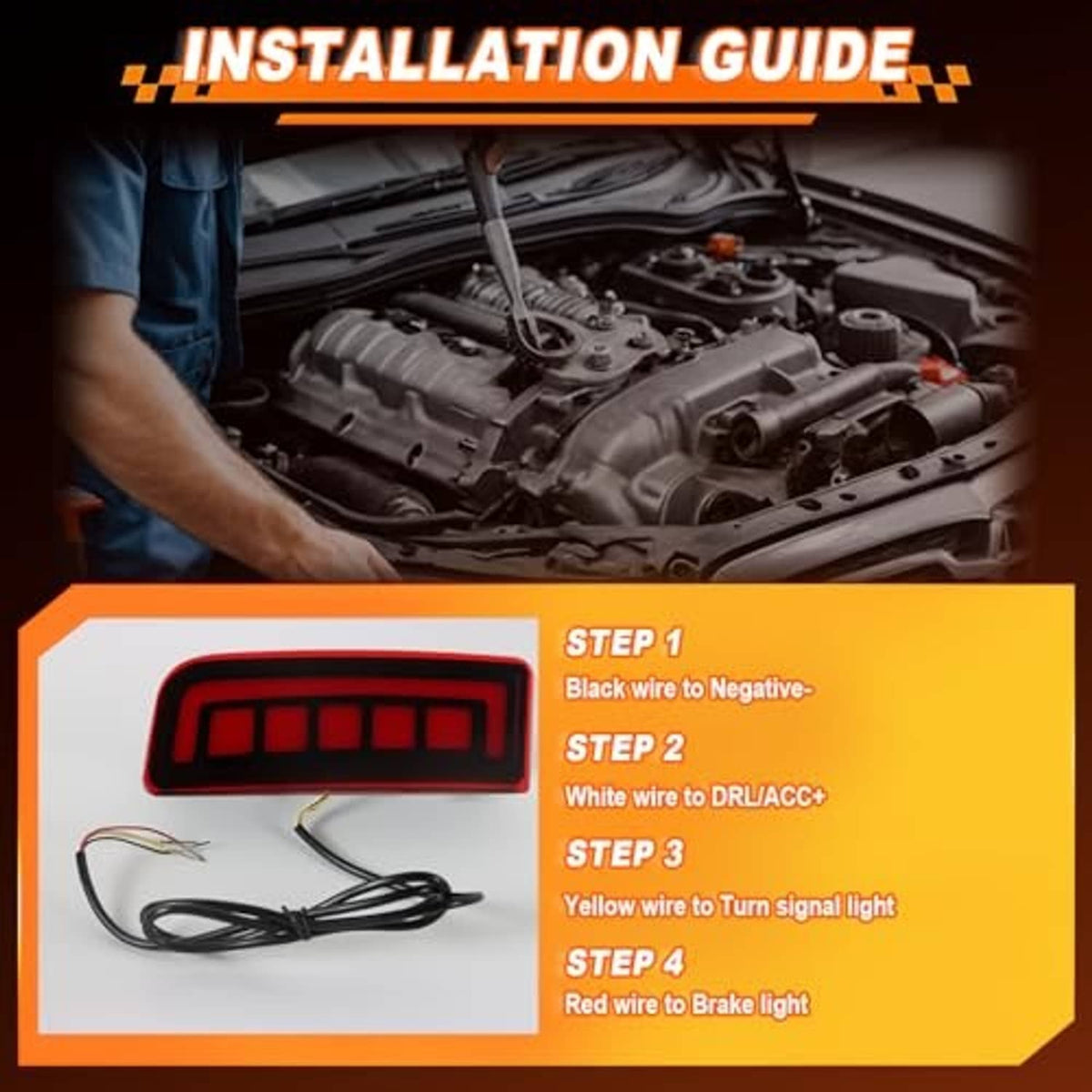 Installation guide for red LED rear reflector light with step-by-step wire connection diagram