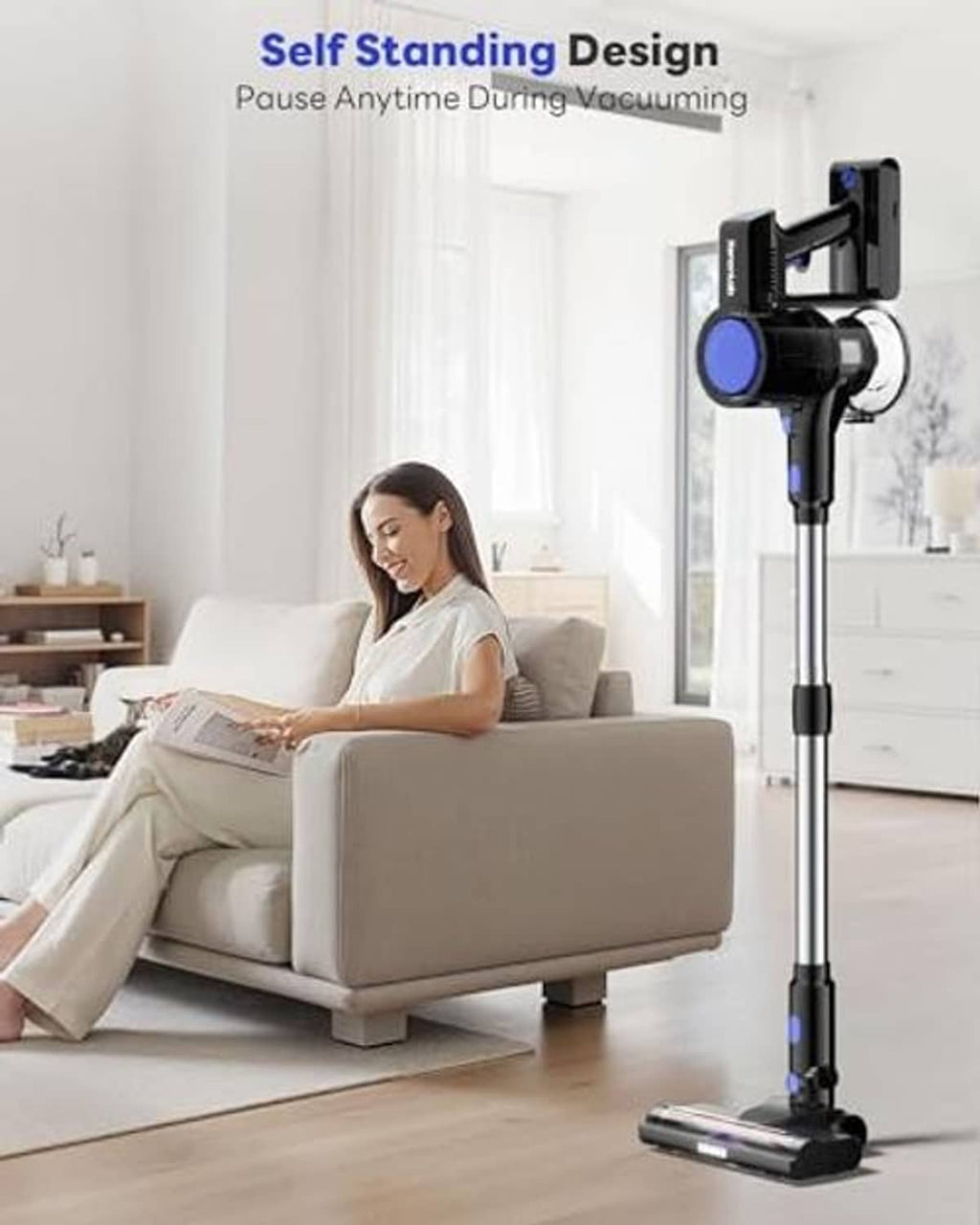 Self-standing cordless stick vacuum with wall-mount docking and blue filter