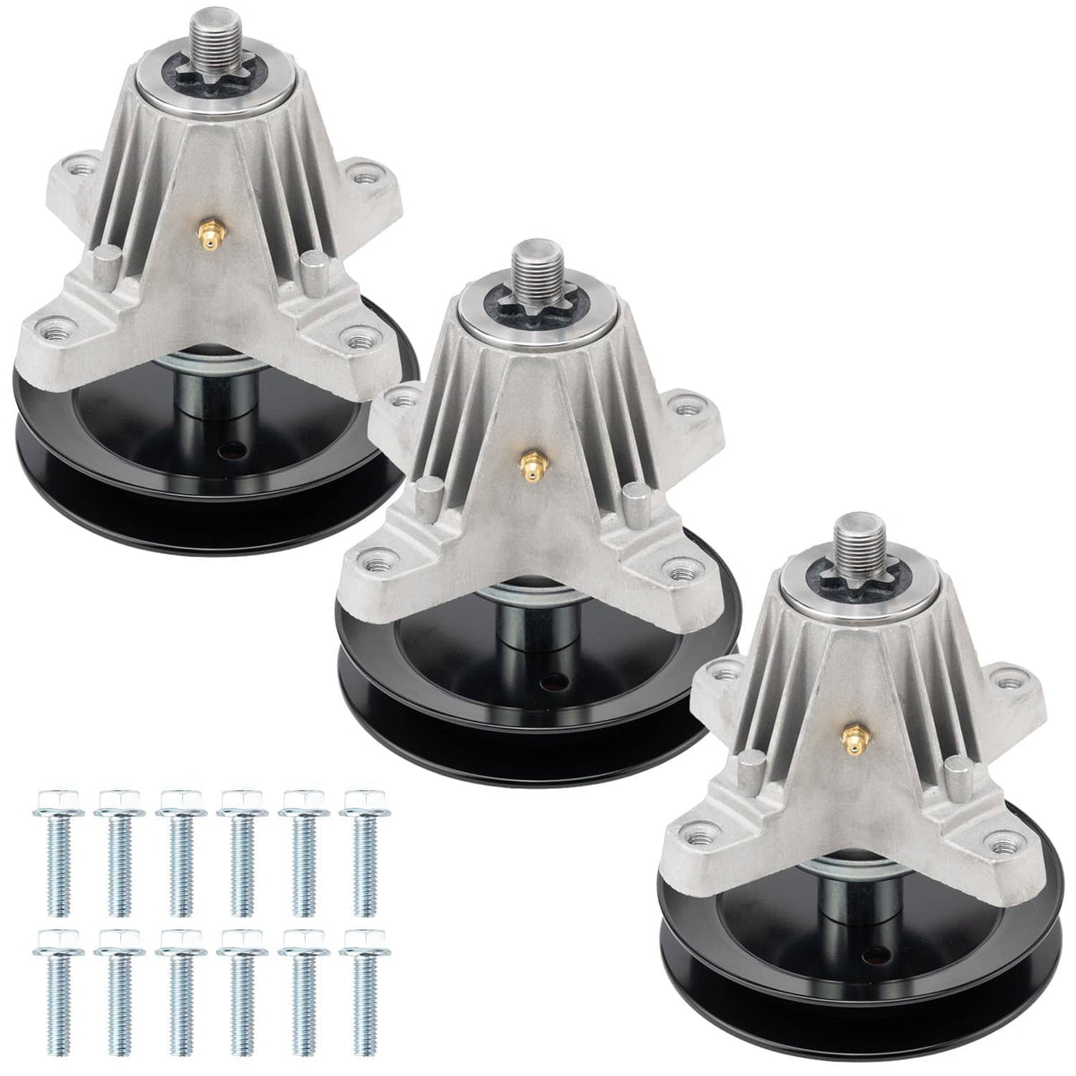 Three deck spindle assemblies with black pulleys, silver housings, and included bolt hardware