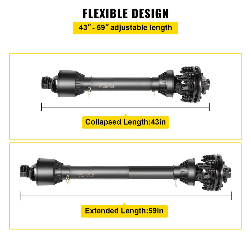 Adjustable black PTO drive shaft showing collapsed and extended lengths