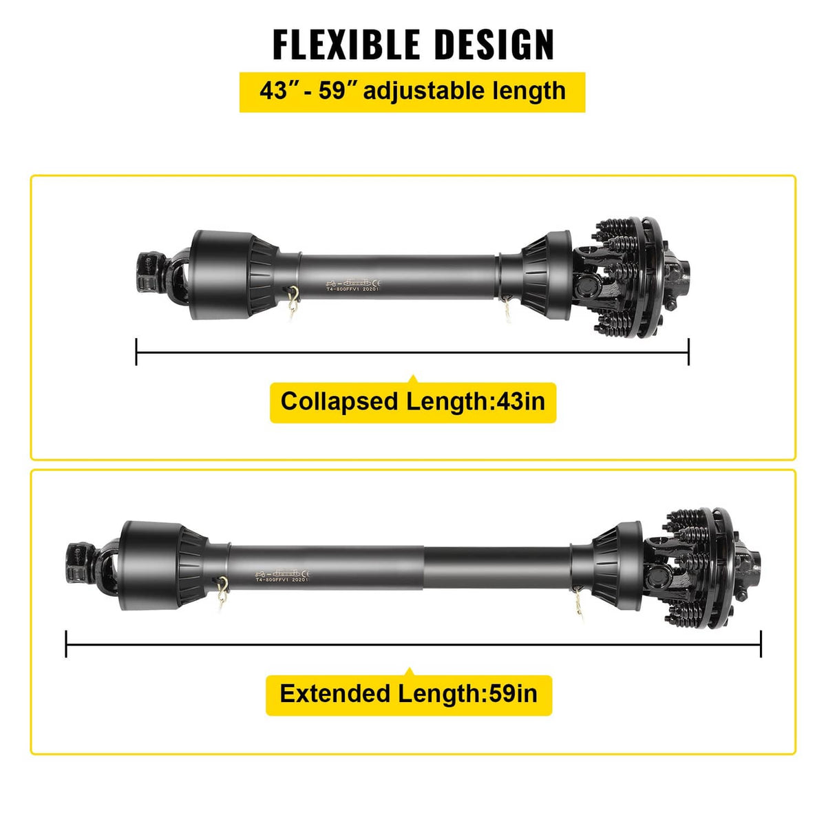 Adjustable black PTO drive shaft showing collapsed and extended lengths