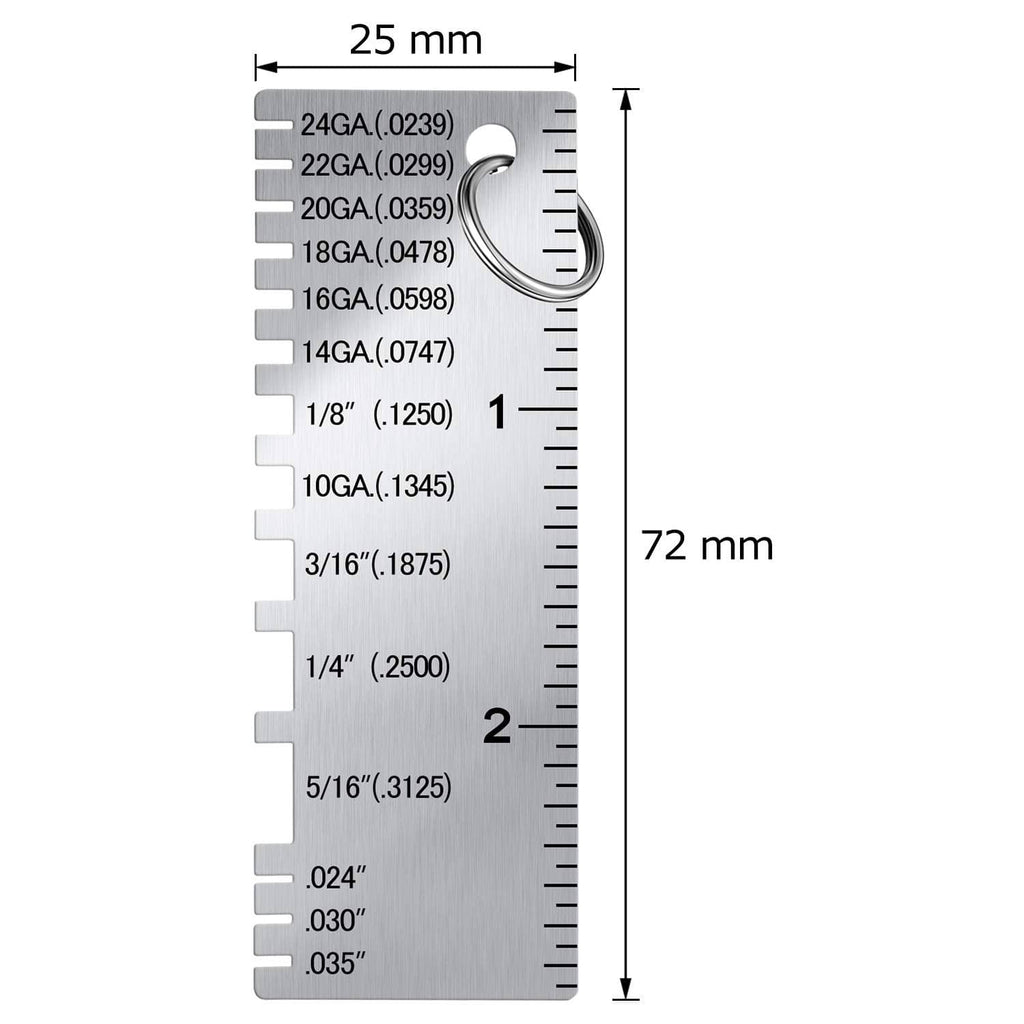 Wire thickness gauge size diagram showing 25 mm width and 72 mm length