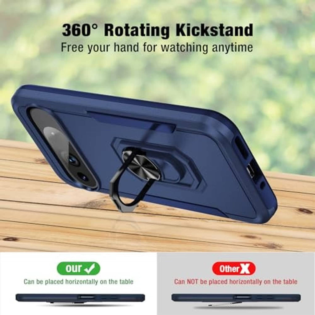 Dark blue rugged phone case with kickstand base propped on a surface