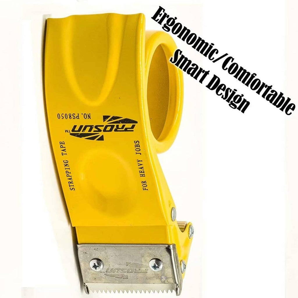 Yellow handheld tape gun dispenser with metal cutter blade and 2-inch tape roll