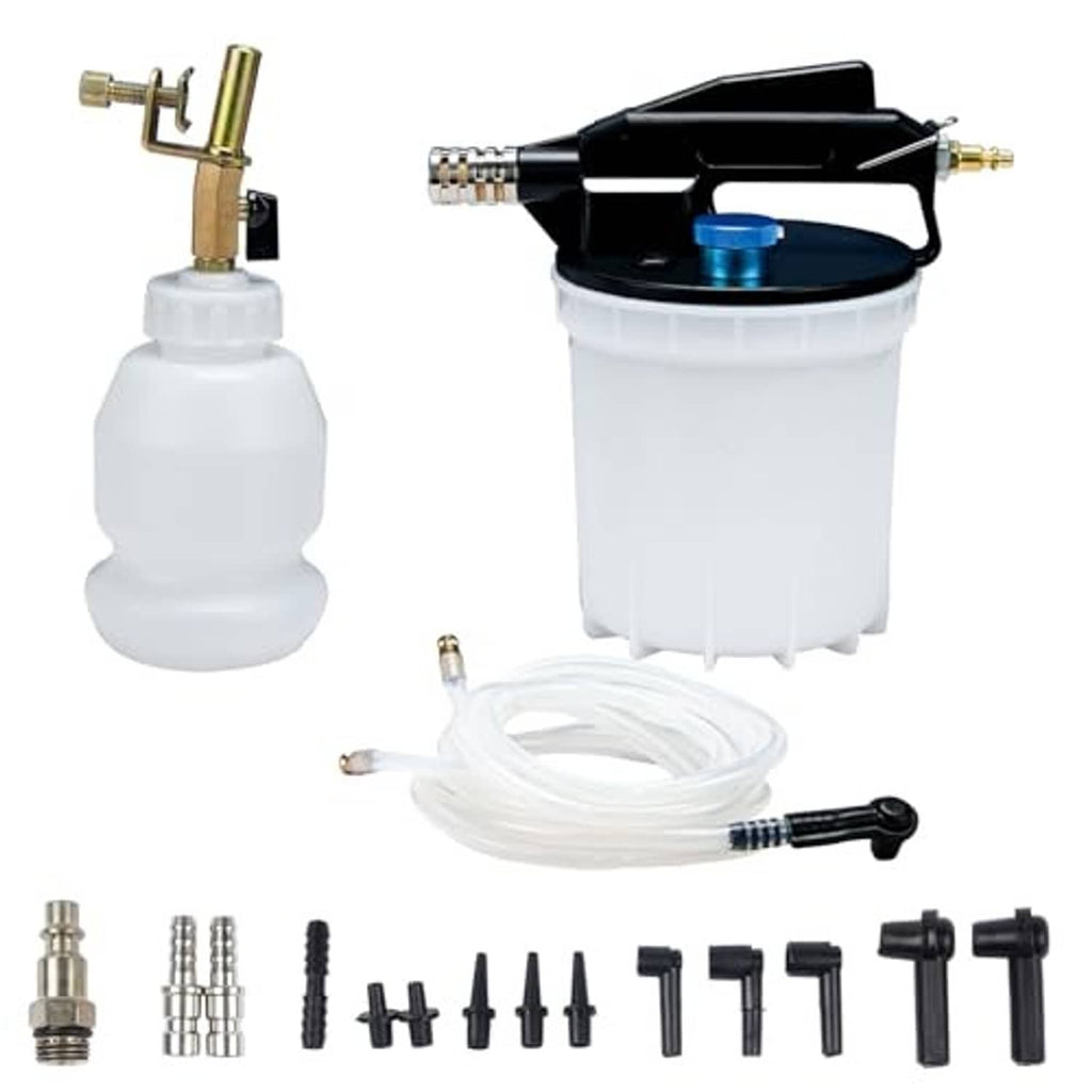 Vacuum brake bleeder kit with white fluid reservoir, black lid, blue cap, and clear hose