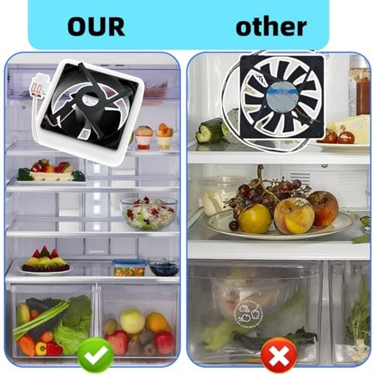 Refrigerator evaporator fan motor shown for proper placement; cooling comparison graphic