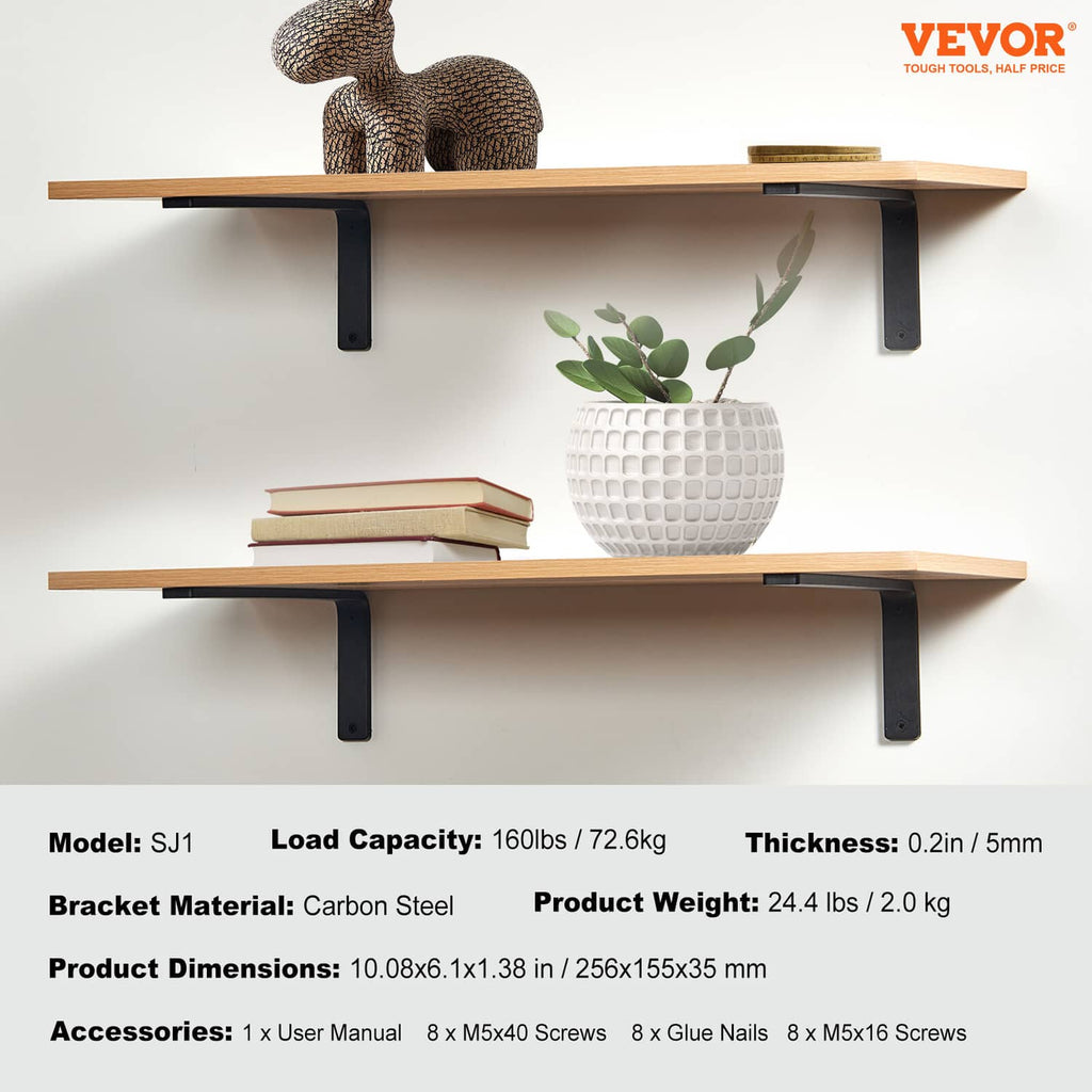 Two installed floating shelves with black L-shaped brackets holding a wooden board