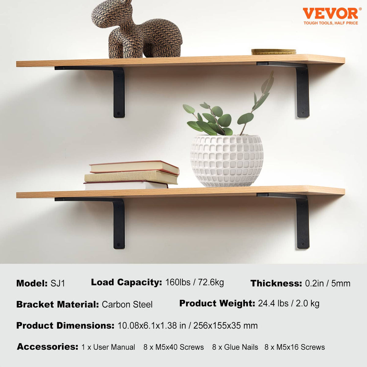 Two installed floating shelves with black L-shaped brackets holding a wooden board
