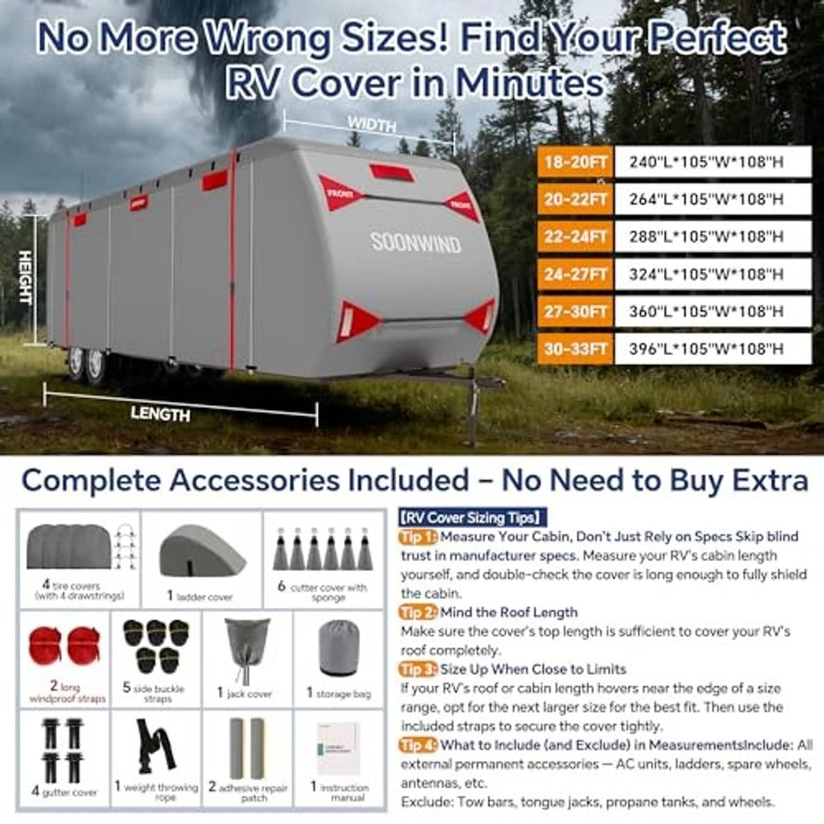 Heavy duty 7-layer RV cover in gray with red trim and SOONWIND logo on trailer.