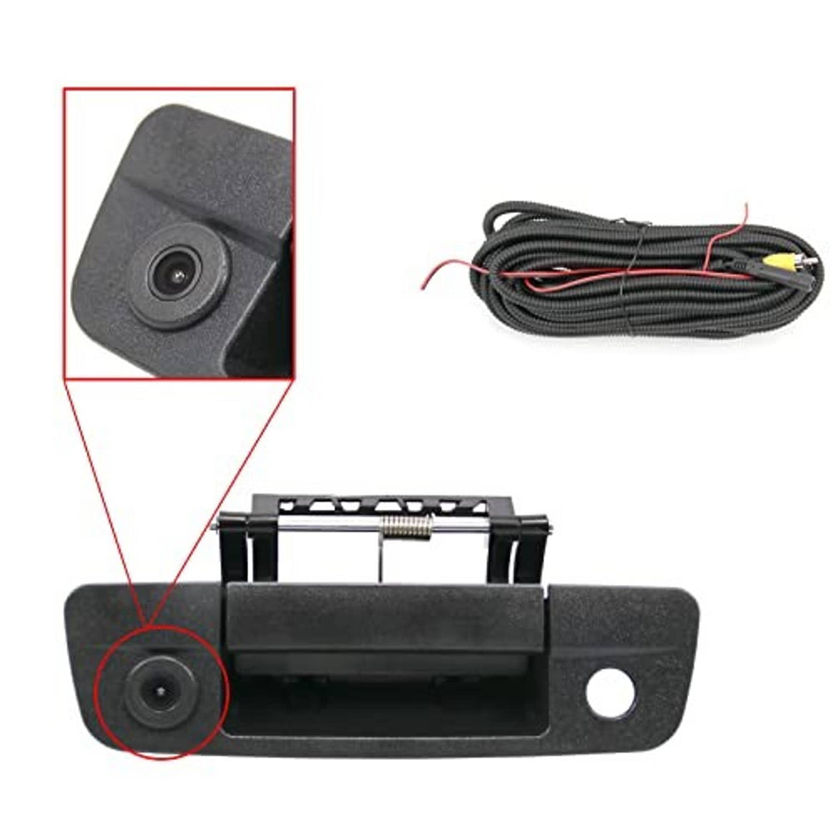 Black tailgate handle backup camera with camera lens and accessory wiring harness