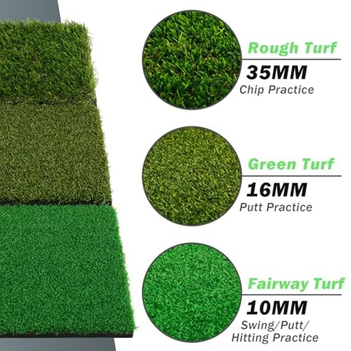 Golf hitting mat showing three different artificial turf textures in green panels.