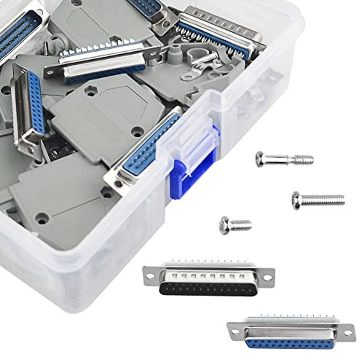 DB25 solder connector set in clear case, grey housings, blue pin headers, screws included