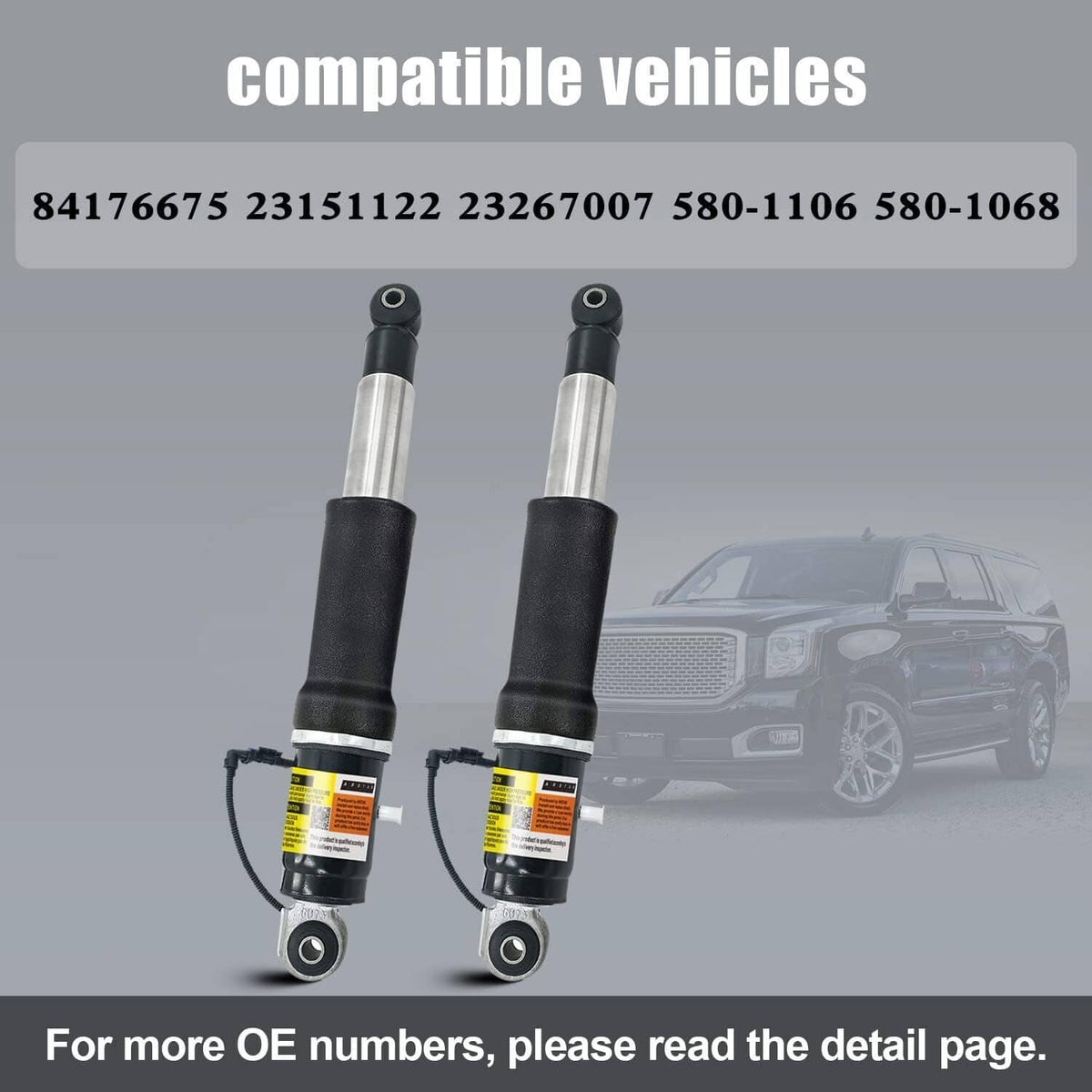 Rear air shock absorber pair with black bodies, silver rods, and top mounting eyes
